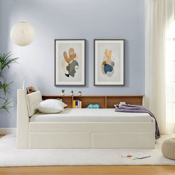 Twin Size Upholstery Velvet Height Adjustable Day Bed With Storage Headboard And Wireless Charging, Daybed With Trundle Bed & LED Lights