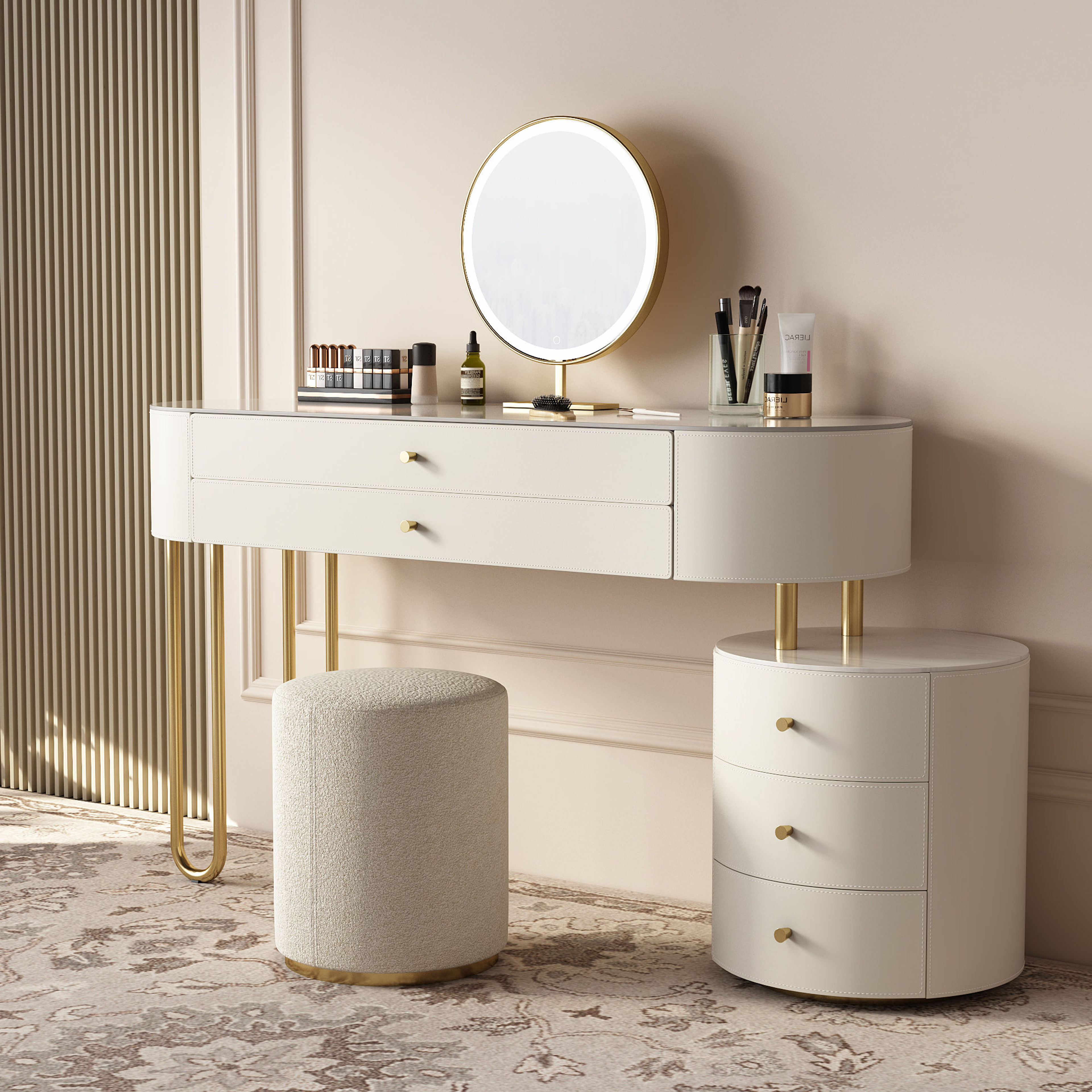 Jahnea Elegant Vanity Set: Leather Top, LED Mirror & Stool