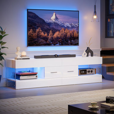 Mercer41 Kruszewski 60 inch Glossy TV Stand Fits TV Up to 65 inch with Drawer and LED Light Stone Grain Media Console & Reviews | Wayfair