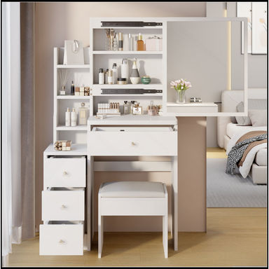 29.2" Small Space Left Bedside Cabinet Vanity Table + Cushioned Stool, Extra Large Right Sliding Mirror, Multi Layer High Capacity Storage, Practical