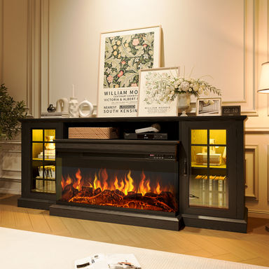 Farmhouse TV Stand with 36" Electric Fireplace and Glass Cabinet