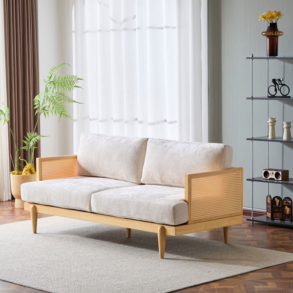 72" Square Arm 3-Seater Sofa With Cane Rattan And Wooden Frame