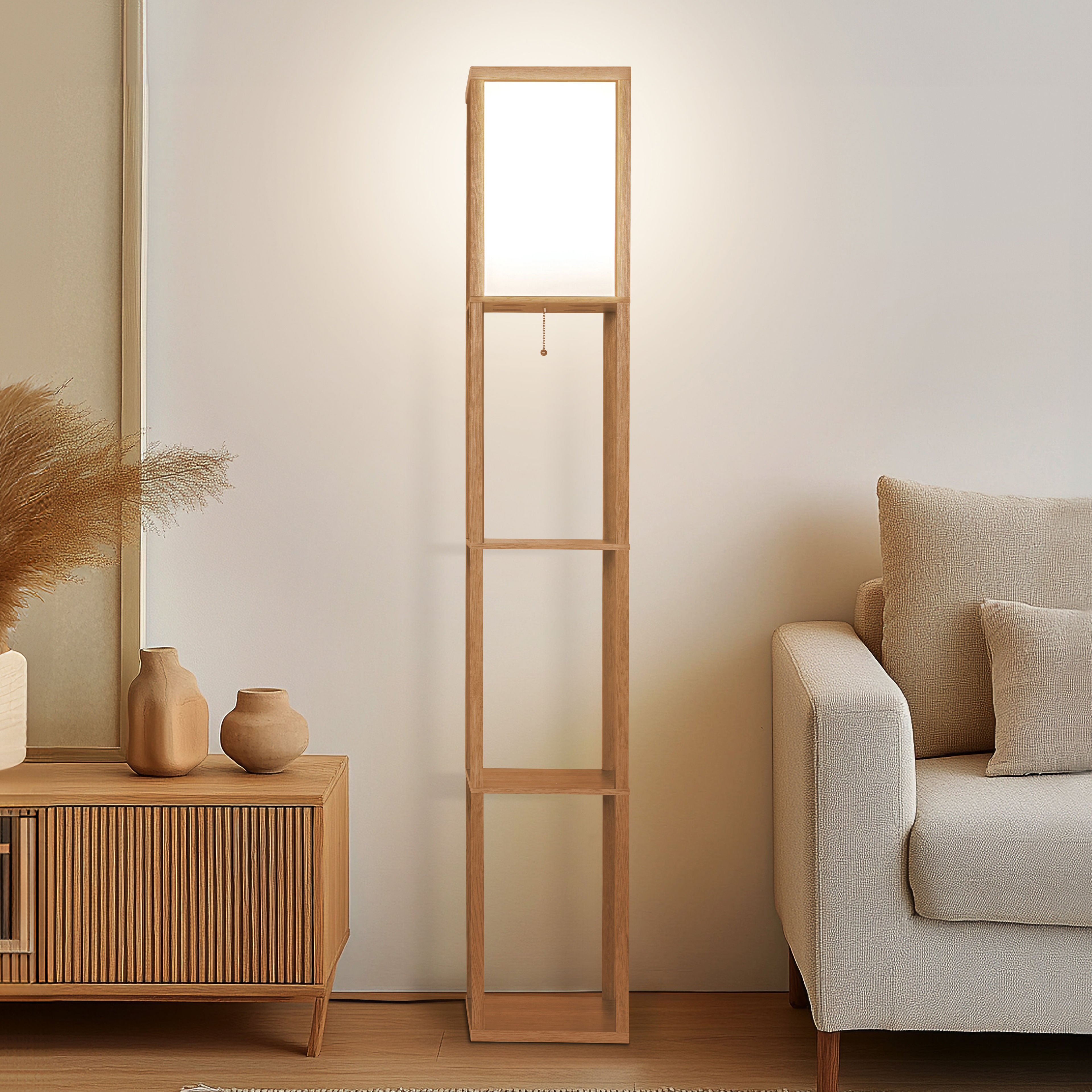 Brightech Maxwell 63" 3-Tier LED Shelf Floor Lamp - USB Charging, Warm Brown