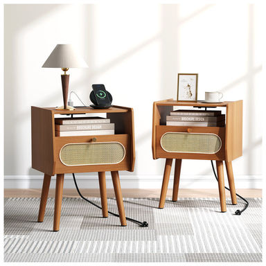 Mid Century Modern Rattan Nightstand Set Of 2