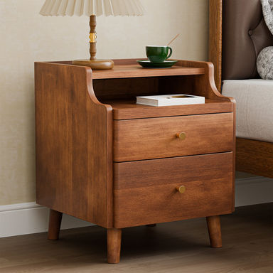 Nightstand with Drawers, Pre-Assembled, Natural Solid Wood Night Stand with Open Sliding Shelf