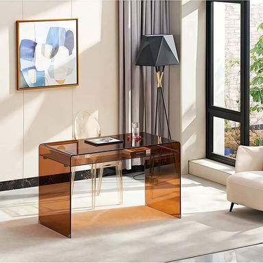 Tempered glass desk, dark brown glass  desk
