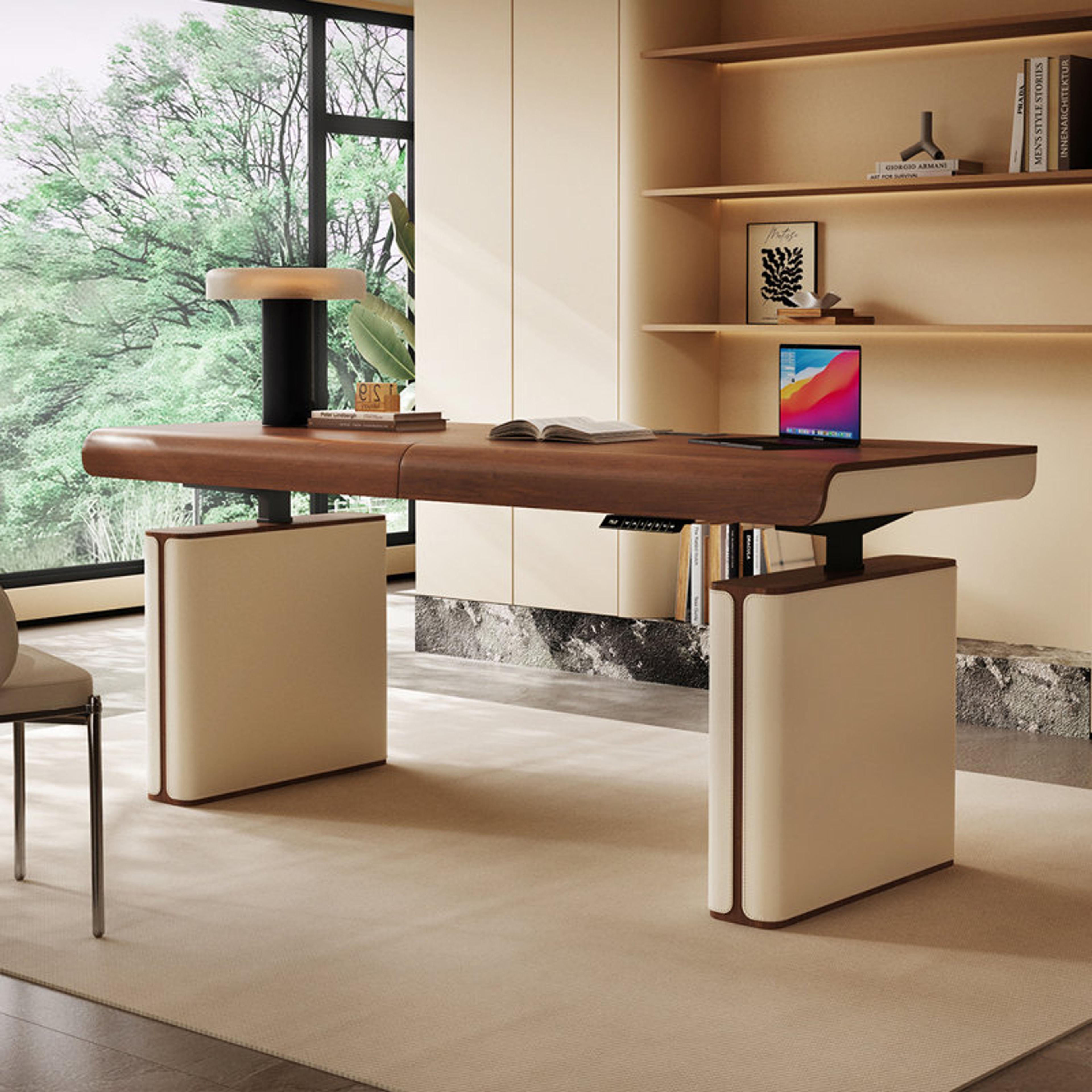 55" Walnut Veneer Electric Standing Desk - Adjustable Height
