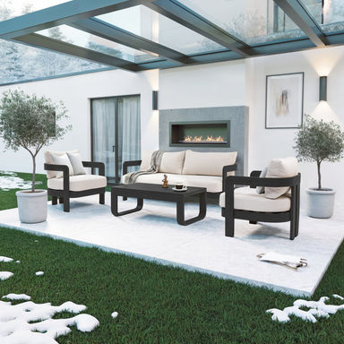 Assembly Free Sofa, Quick Assembly Coffee Table,Outdoor Aluminum Sofa Set,  5 Person Outdoor Seating Sofa, Wood Grain Veneer Sofa Set for Patio