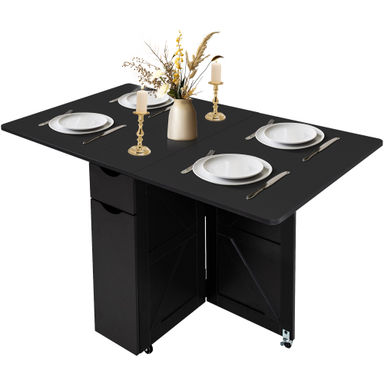 Ebern Designs Vuyo Folding Dining Table with 6 Wheels, 2-Layer Storage Shelf and Drop Leaf Space Saving Dining Table for Kitchen, Living Room & Reviews | Wayfair