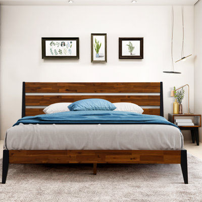2-Pcs Jomar Bedroom Set – Solid Wood Platform Bed Frame & Matching Nightstand, Scandinavian Rustic, No Box Spring Needed