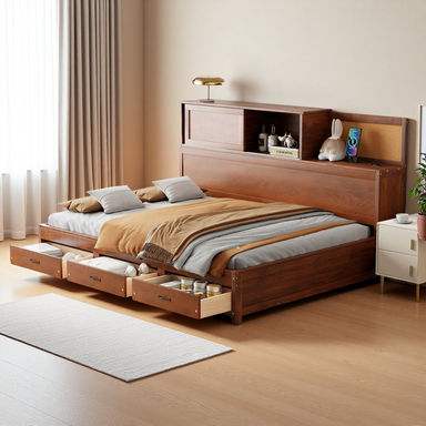 Wooden Daybed With 3 Storage Drawers, Upper Soft Board, Shelf, And A Set Of Sockets And USB Ports
