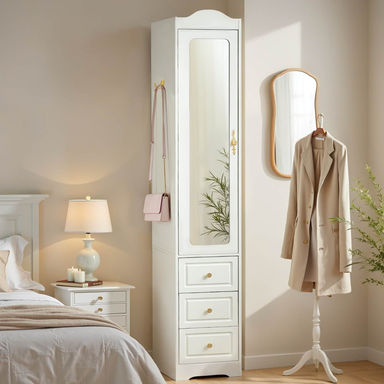 Yerai Armoires Wardrobe Closet & Wardrobe Cabinet with 3 Drawers and Mirror & Storage Cabinet With Hanging Rod & Sensor Light