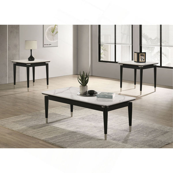 Contemporary Style 3Pc Table Set 1X Coffee Table 2X End Table Sintered Stone Top Silver Capped Arrow Legs Black And White Finish