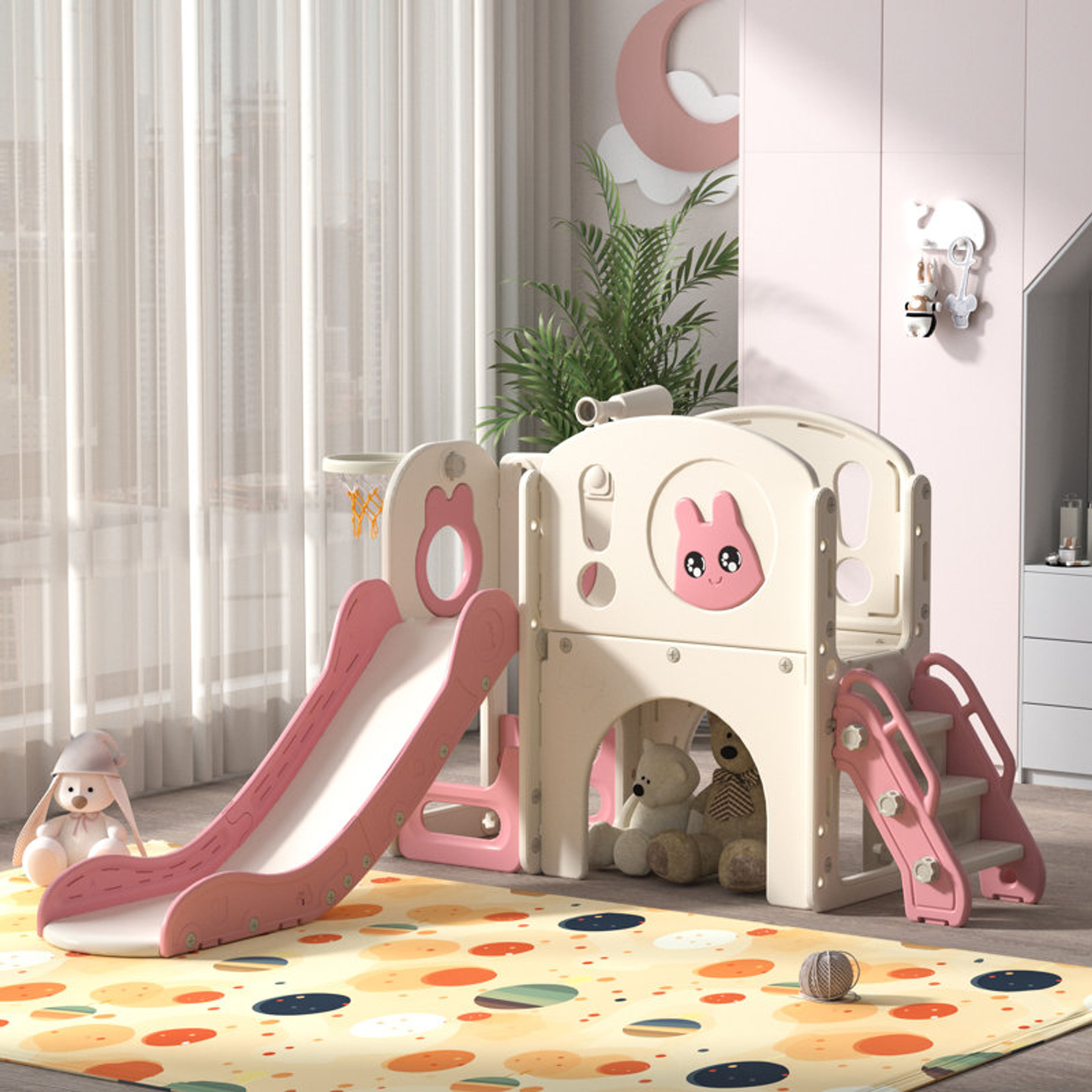 8-in-1 Pink Rabbit Toddler Slide & Climber Playset Ages 1-3