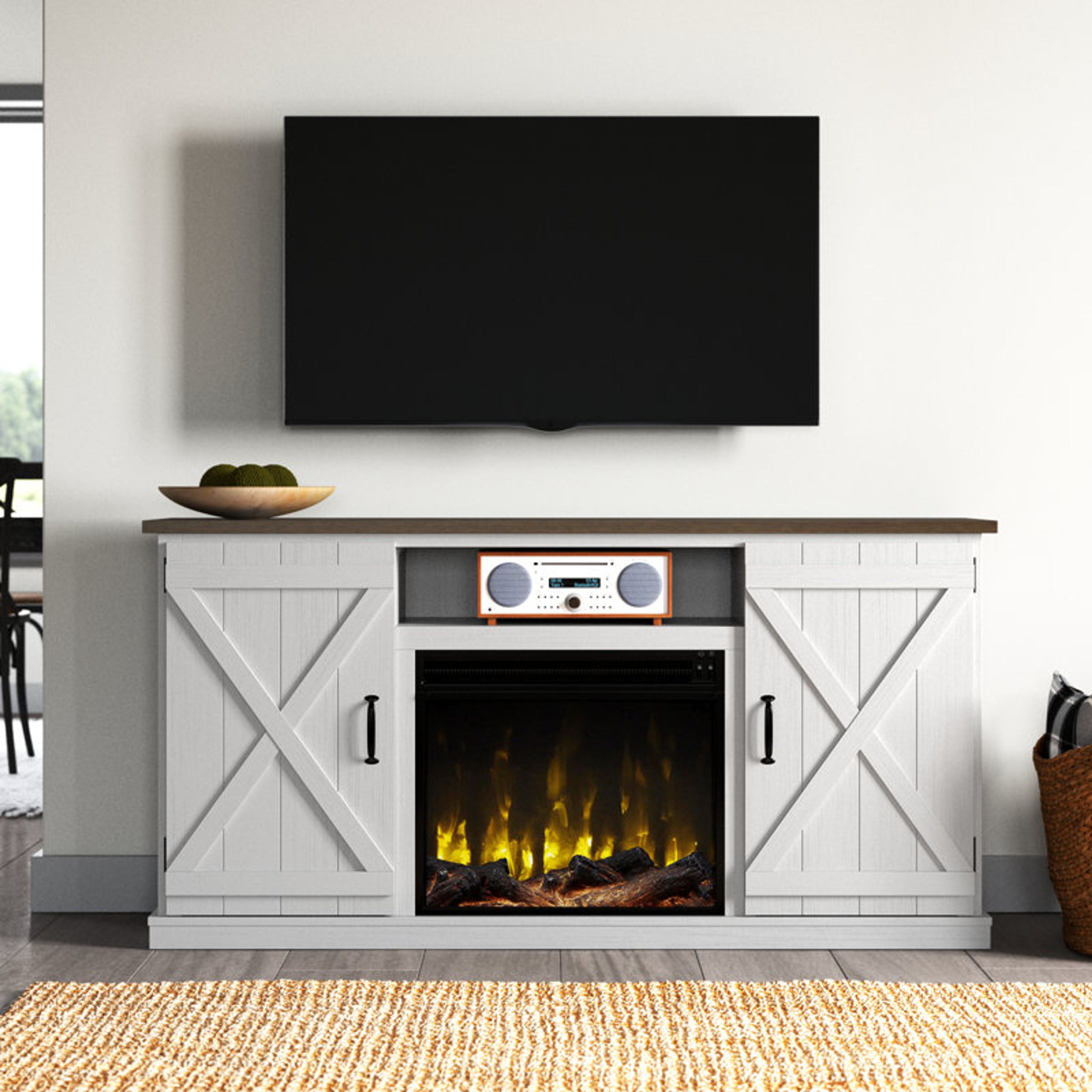 70" Rustic TV Stand with Electric Fireplace - White