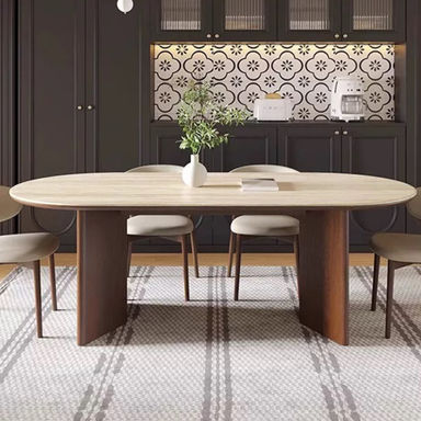 Table de salle à manger 70,9 po ovale en pierre frittée, table de cuisine avec double piédestal brun