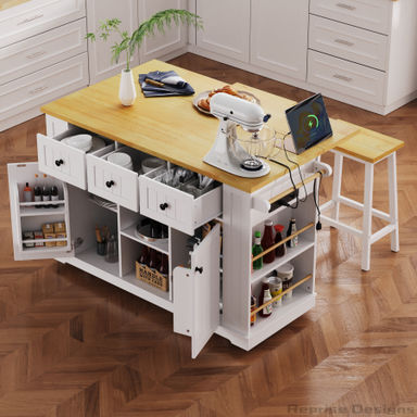 Lark Manor™ 53inch Large Kitchen Island with 2 Bar Stools,Drop Leaf and Power Outlet | Wayfair