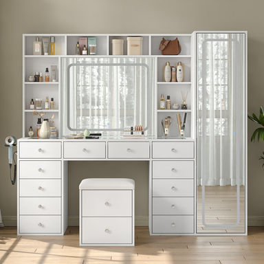 Jamair Desk Full Length Mirror & LED Mirror With Power Outlet, Makeup Jamair 12 Drawers And 10 Open Storage Shelves, Hidden Storage Capacity, Dimmable