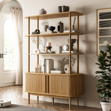 Bookcase With Curved Storage Cabinet, 4-tier Bookshelf With Sliding Door