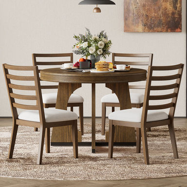 Hervey 5-Piece Retro Rustic Functional Dining Set Unique Geometric Design,Round Table Top with Leaf,dinning table set