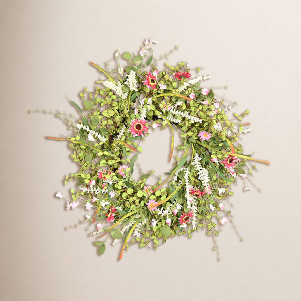 26" Artificial Farmhouse Twig Berry Blossoms Cluster Greenery Mini Eucalyptus Daisy Spring Summer Wreath For Front Door