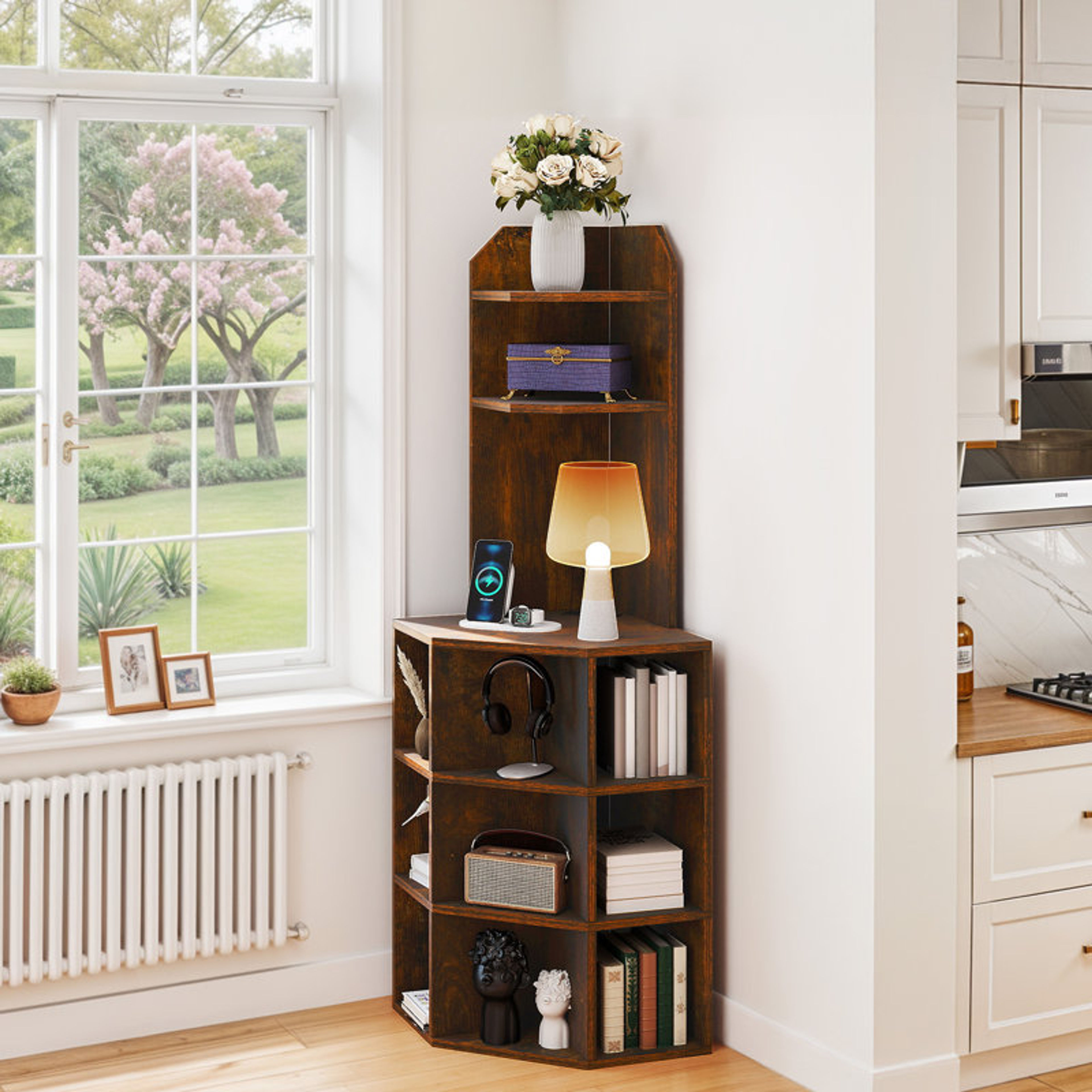 Darley Wooden Corner Bookshelf with USB Ports & Outlets