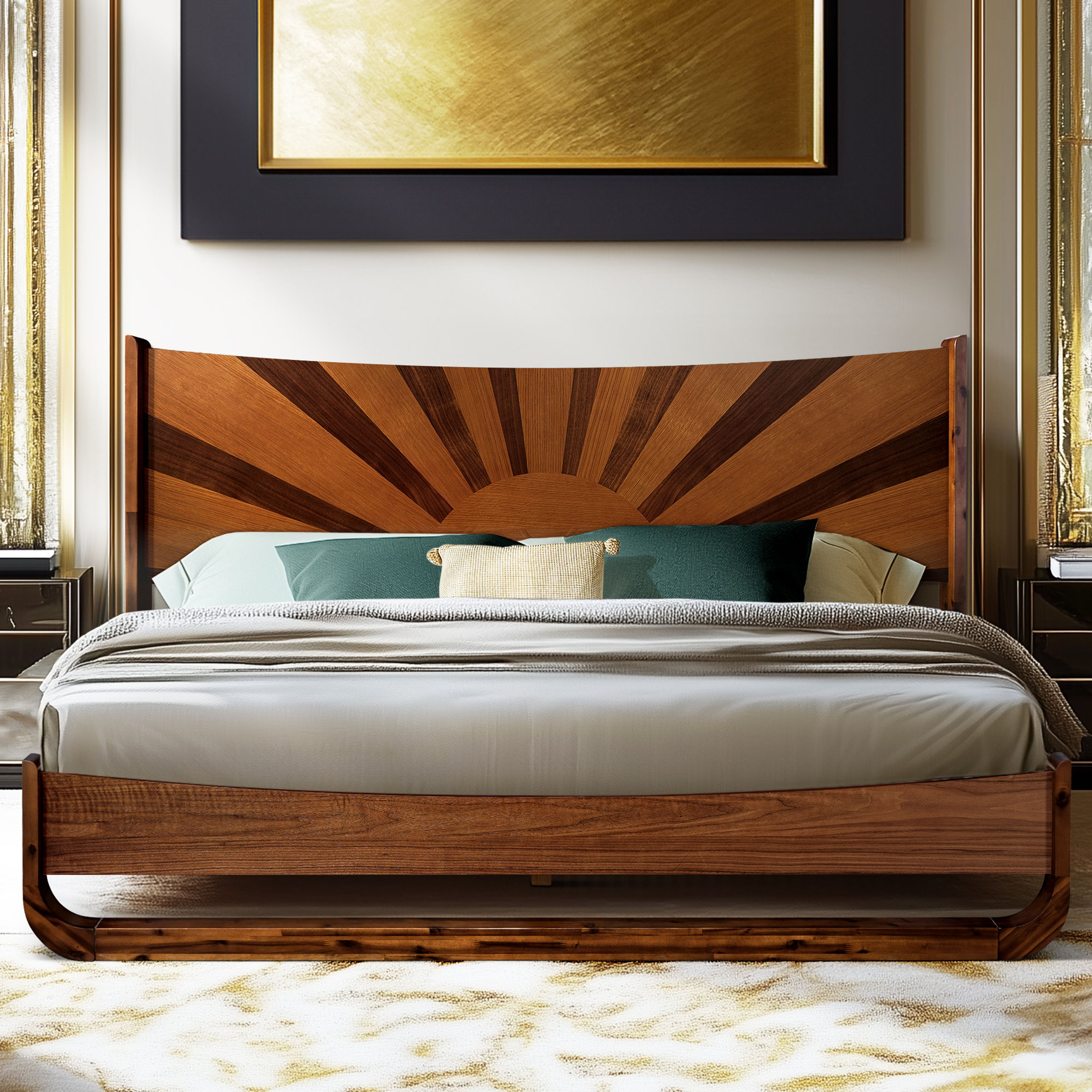 Sunset Mid-Century Art Deco Solid Wood Bed Frame with Patterned Headboard
