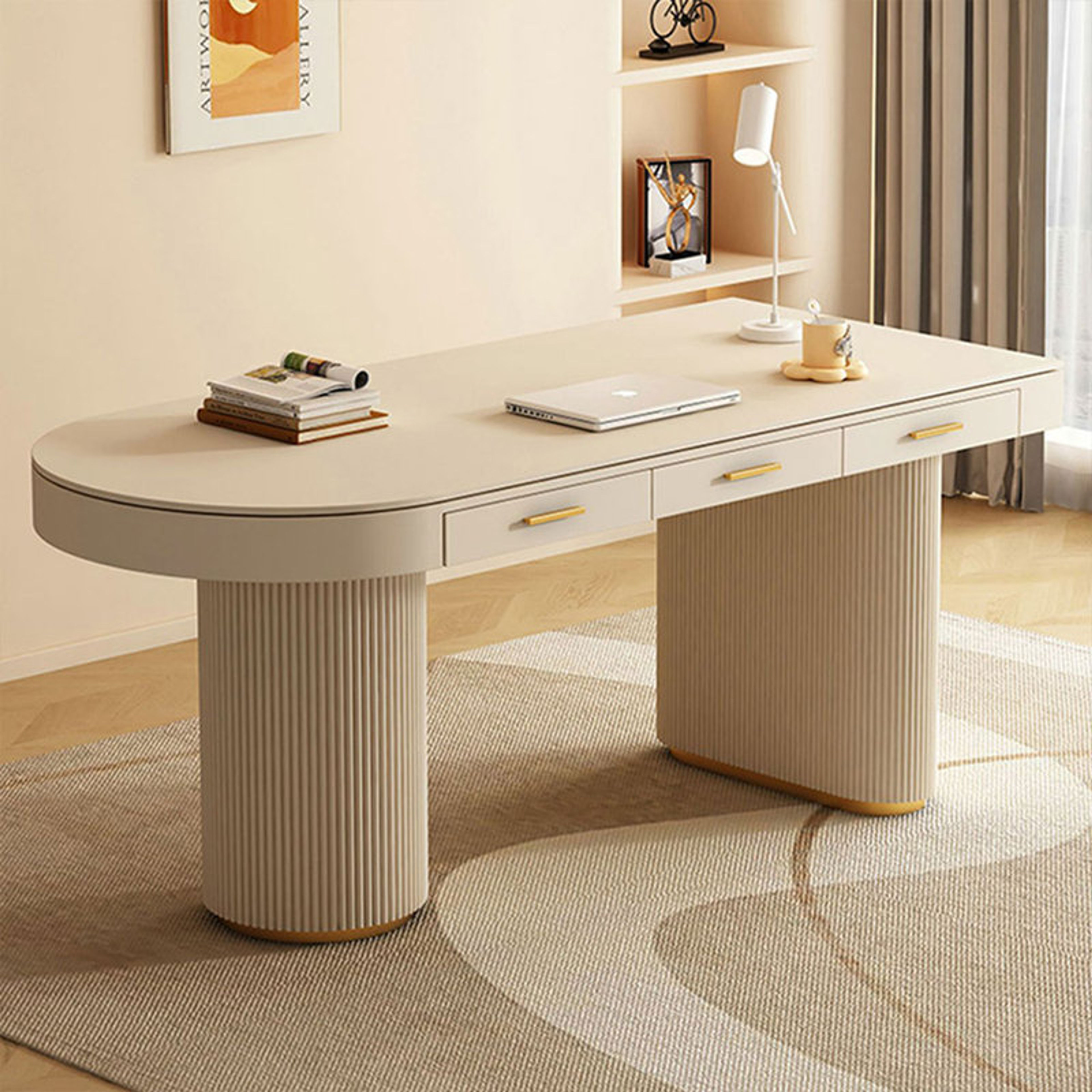Elegant Beige Manufactured Wood Desk with Drawers 55" Wide