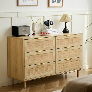 Aimara 51" Rattan 6 Drawer Dresser for Bedroom, Boho Wood Dresser with Gold Handles & Wood Legs