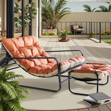 Patio Outdoor Lounge Chair With Ottoman, Oversized Comfy Sling Recliner Chair, Support 500lbs With Extra Thick Puffy Cushion, Modern Outside Furniture For Backyard, Garden, Porch, Poolside
