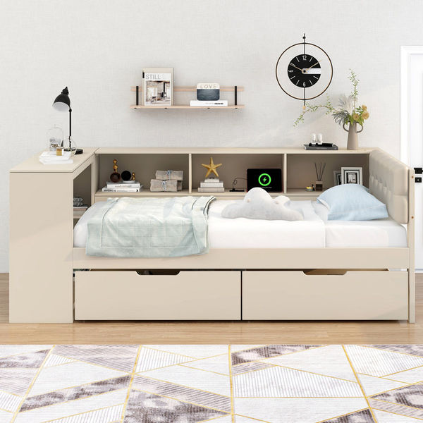 Wood Platform Bed With Storage Shelves, Drawers, Charging Station And Upholstered Headboard