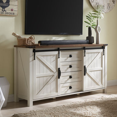 Texola 60" W Farmhouse Chest of Drawers, Wood Bedroom Dresser with 4 Drawers & Sliding Barn Doors
