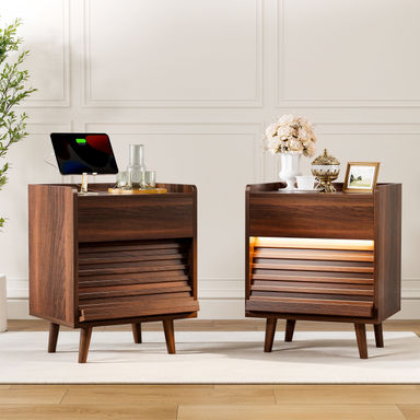 George Oliver Modern Nightstand With 2 Drawers,Bedside Table With Outlets & LED Lights, File Cabinet With Slanted & Wavy Design & Reviews | Wayfair