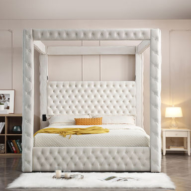 Megghan Luxurious Velvet Upholstered Canopy Bed with Speaker & USB Connection
