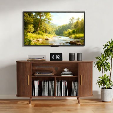 17 Stories 55in Large Round Record Player Stand with Charging Station, Record Storage Cabinet, Mid Century TV Stand for Bedroom, Walnut | Wayfair
