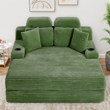 63.78" Corduroy Chaise Lounge Sofa Deep Seat Sleeper Sofa With Headrest, Cup Holder And Side Pockets - No Assembly Required