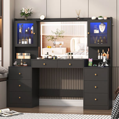 62" Vanity Desk With Lighted Mirror, Tempered Glass Top, Power Outlet, 9 Drawers, And 2 RGB Lighted Cabinet
