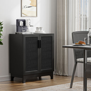 Winston Porter Hinrikus Accent Cabinet Black Rattan Storage Cabinet & Reviews | Wayfair