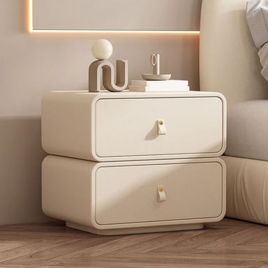 Safeera 19.7-inch French light luxury double drawer solid wood bedside table, living room side table, cabinet body fully wrapped in microfiber leather (champagne color)
