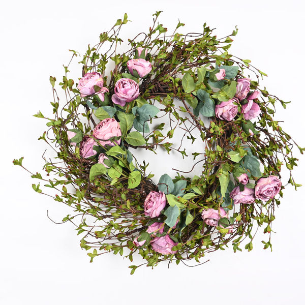 24" Artificial Farmhouse Spring Summer Rose Floral Wreath For Front Door Greenery Twig Home Wedding Party Wall Decor