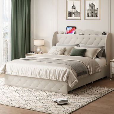 48.4'' Upholstered Bed Frame with 4 Drawers, Bed with Storage Headboard and Charging Station