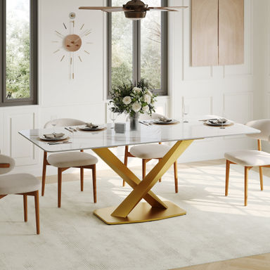 Modern Rectangular Dining table with Glossy Sintered Stone Table top, White Kitchen Table with Stainless Steel Legs for Dining Room