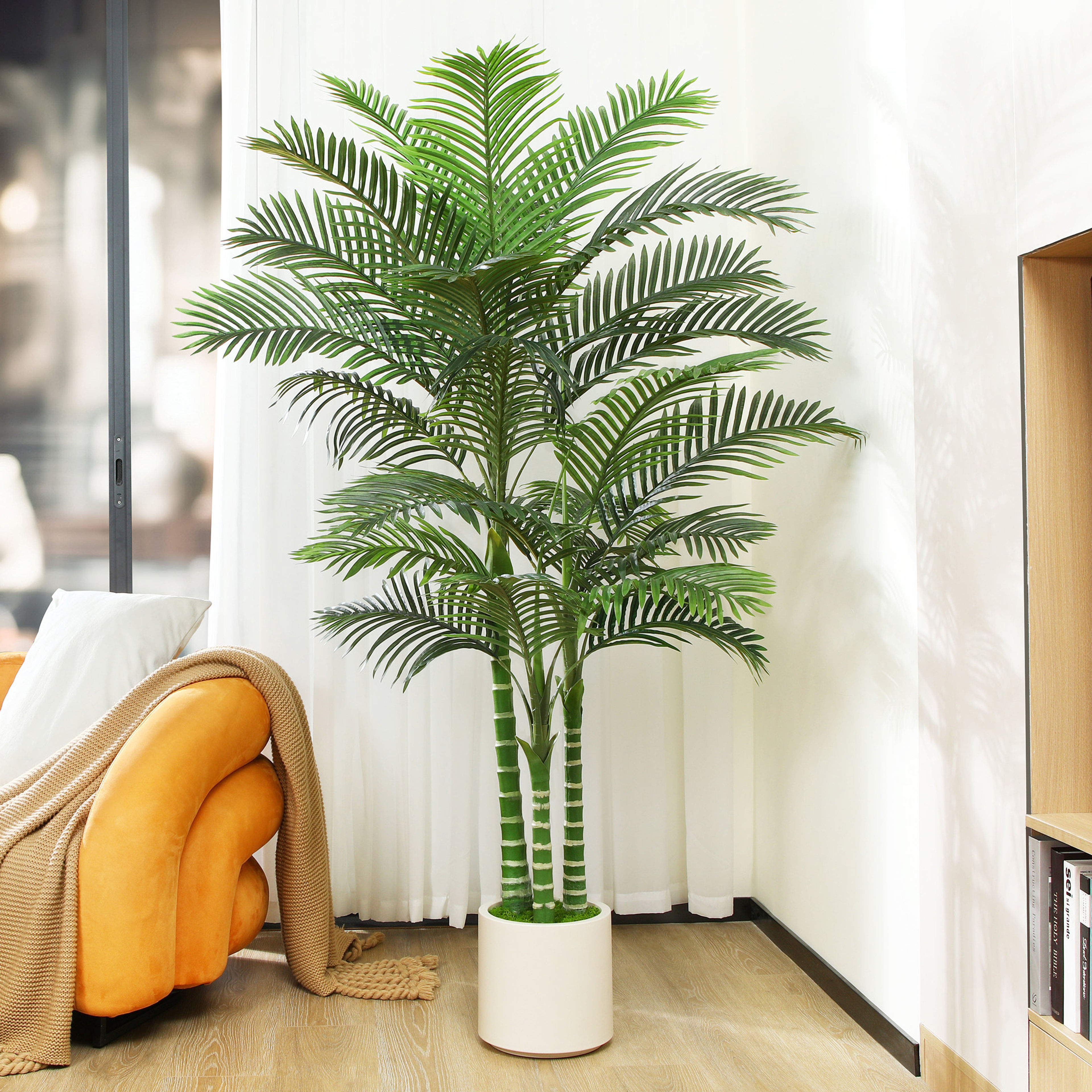 Adcock Faux Palm Tree in White Planter - Artificial Green Plant for Home Decor