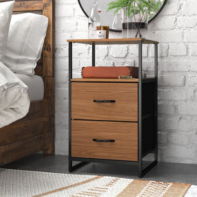 18" wide Industrial Wooden Nightstand with Iron Frame and 2 Drawers