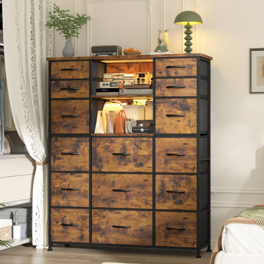 Wrought Studio™ 51"High 15 Drawers Tall Dresser With 2 Open Shelves, Bedroom Dressers With Charging Station & Led Lights | Wayfair