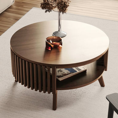 George Oliver Klever Mid Century Modern Coffee Table | Round Wooden Center Table with Storage
