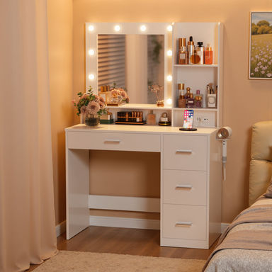 Borko Makeup Vanity With Lights,Vanity desk with Mirror and Power Outlet,Dresser Table with Drawers and Open Shelves