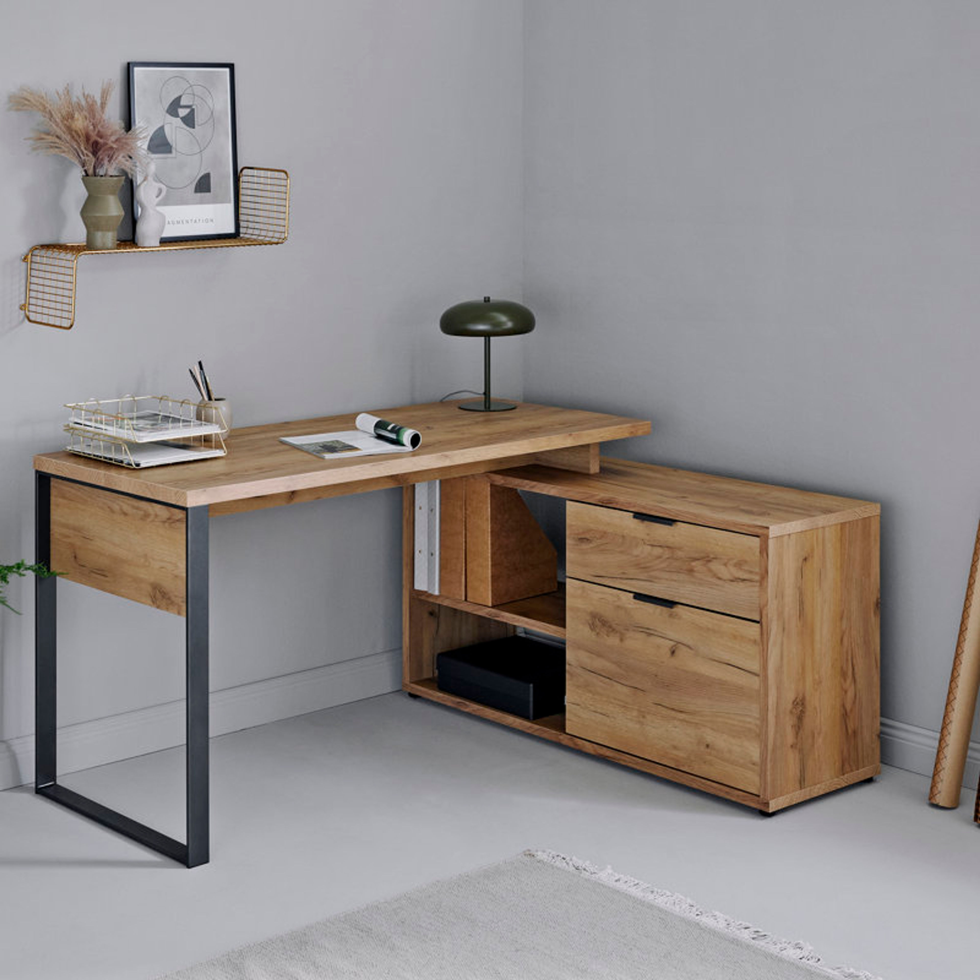 Bakri 59'' L-Shaped Oak Writing Desk with Storage