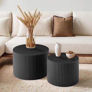 Amazon.com: YYZIWYUN Nesting Coffee Table Set of 2 Modern Drum Coffee Table Handcraft Fluted Coffee Table End Table Round Wood Coffee Table for Living Room Small Space, No Need Assembly,Black Small : Home & Kitchen