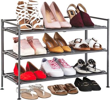 Amazon.com: Seville Classics Sturdy Freestanding Storage Shelf for Bedroom, Closet, Entryway, Dorm Room Organizer Stackable Durable Metal Shoe Rack Ash Gray Slat, 3-Tier : Home & Kitchen